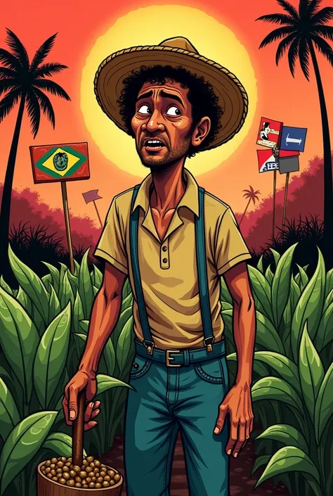 "Create a reinterpretation of the painting &#39;The Coffee Farmer&#39; by Cândido Portinari, maintaining the same features and style of the original work, but in cartoon format. The farmer must be a stylized character of a classic Brazilian farmer, with fe...