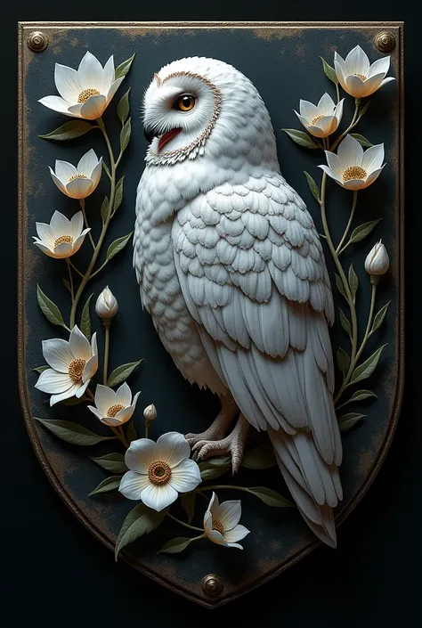 A kingdom shield with a silver owl in profile in the background with belladonna around a national shield