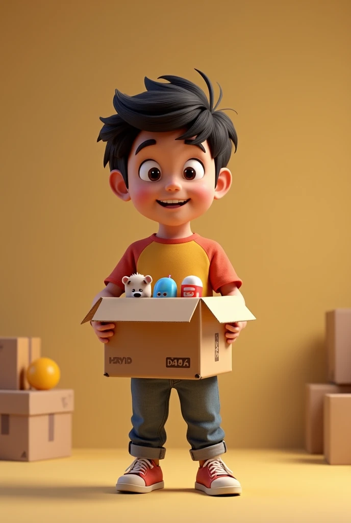 1 boy 1 and 1  holding a box with products inside