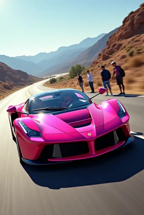 Pink Ferrari on a highway with several people on the shoulder 