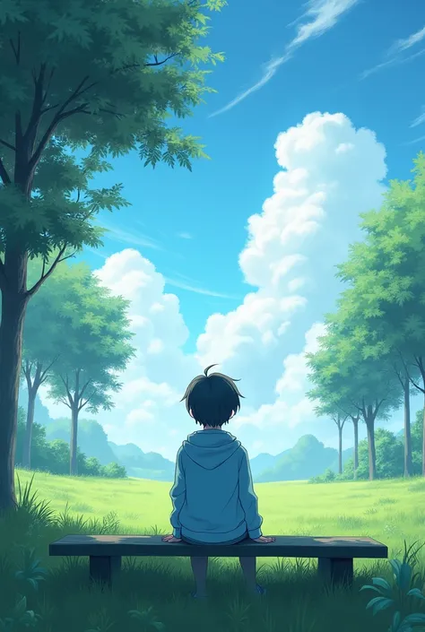 A boy sitting in a bench alone far away on the grasses. The background is totally nature and the birds are flying on the sky . Make the image anime type and more realistic. The boy wearing a blue colour hoodie and the hairs of the boy are silky. The sky is...