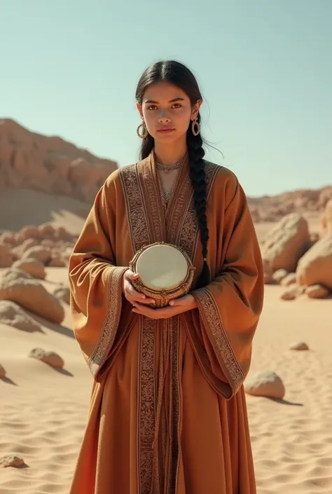 Arafi woman in traditional dress holding a small drum in the desert, Young woman in shamanic attire, A girl holding a sphere, Scenery of the movie Silk Road, Beautiful youth, Portraits, Ancient princess Lieb, The desert&#39;s vanishing line is below the wo...