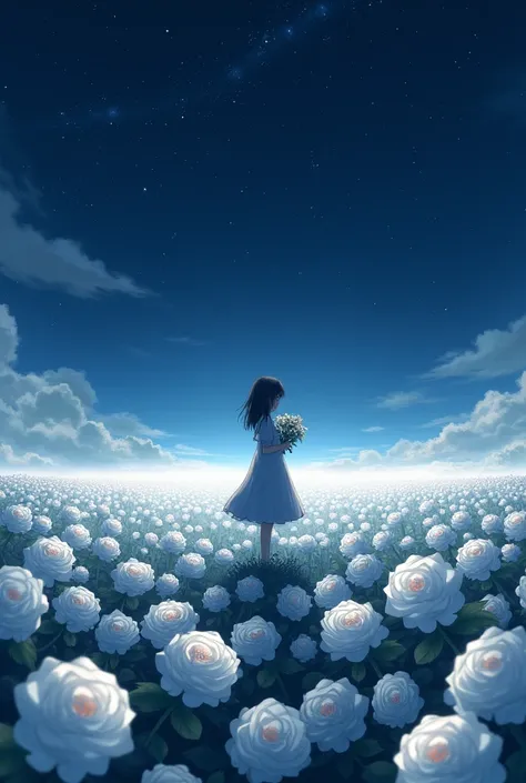 a garden of white roses in a deserted field above the night sky, no light around, only white rose garden, In the middle is a girl holding a bouquet of white roses with her back to the sky anime style