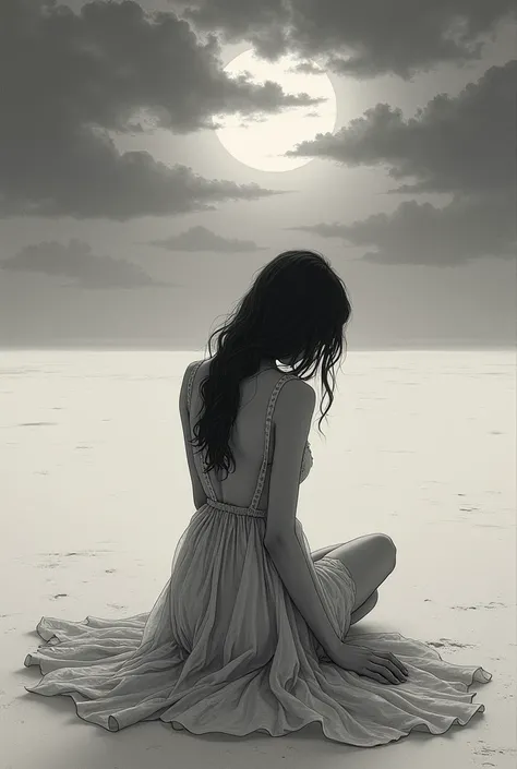 a female silhouette sitting with her back to the reader in the middle of nowhere, head down and sad and scared in the form of a drawing wearing a pretty dress, contemplating your own soul, It&#39;s night and the weather is sad and full of clouds


