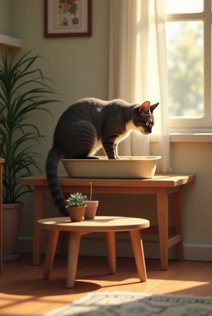 A cat using a cat litter box, and next to it a small table. The sandbox should be in a high place and the table in front of it.. make it look real