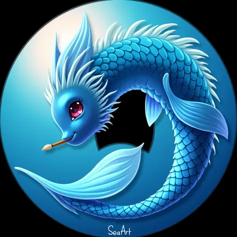 Digital 2D Artwork，Sticker style，Chibi style，Cute mermaid，The head and tail form a ring，The body is served on a blue donut-shaped sauce tray，Blue and white fish tail，Blue and white fish head，Happy face，Cute big eyes，Holding a paintbrush in mouth，antlers，Th...