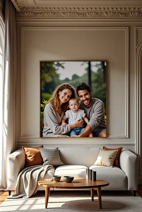 Happy married couple. Father mother and child.  Their photo is printed on canvas and stretched on a stretcher. The canvas itself is on the wall a beautiful interior from this photographic print.