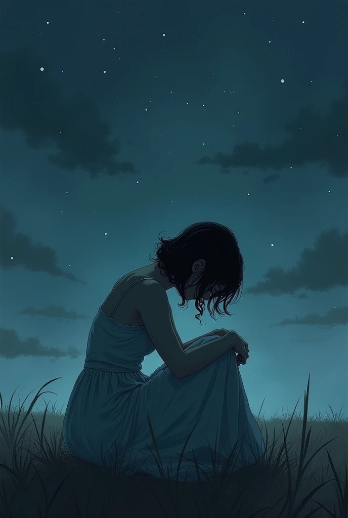 a female silhouette sitting with her back to the camera in a position hugging her knees with her hands in the middle of nowhere, head down and sad and scared in the shape of a drawing dressed in a beautiful dress, contemplating your own soul, It&#39;s nigh...