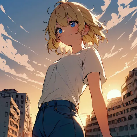 1girl, solo, young, blond hair, short hair, messy hair, blue eyes, smile, white T-shirt, blue jeans, half-body, sunset, wind, soviet city, from below