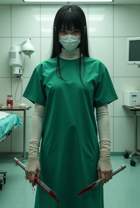 1girl, makima (chainsaw man) ((dressed like a surgeon)) ((wearing a green surgical gown a green surgical mask and long white surgical gloves)) ((shes holding a scalpel and has blood on her gloves and surgical mask)) ((the background is an operating room))