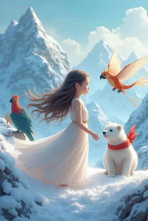 create a girl with fairy tale characters on top of a snowy mountain with a dragon,parrot and lion white bear