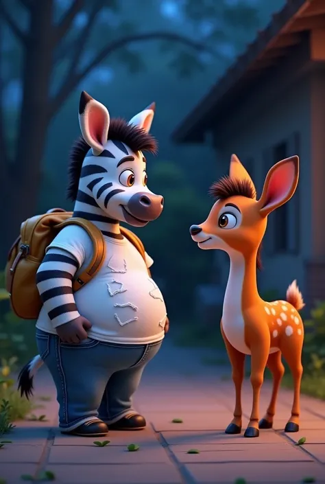 A cute fat baby zebra wearing a white torn t shirt with blue jeans his head is big and his body is small and he is wearing a bag on his back at night he is talking with his neighbour deer 3D pixar