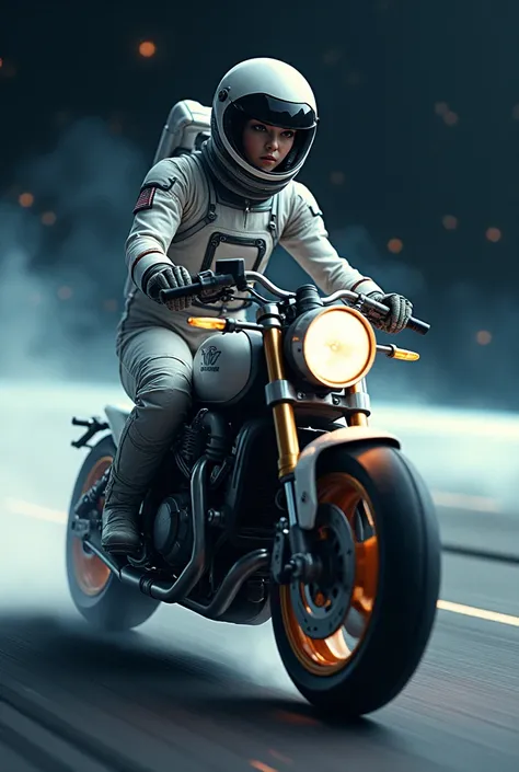 Female astronaut on a motorcycle