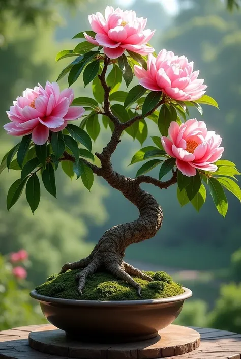 "Create a detailed image of an old bonsai tree with blooming pink peonies. The tree stands proudly in an elegant pot, with twisted roots visible, giving the bonsai a sense of age and wisdom. Its lush green leaves complement the large, vibrant peonies, whic...