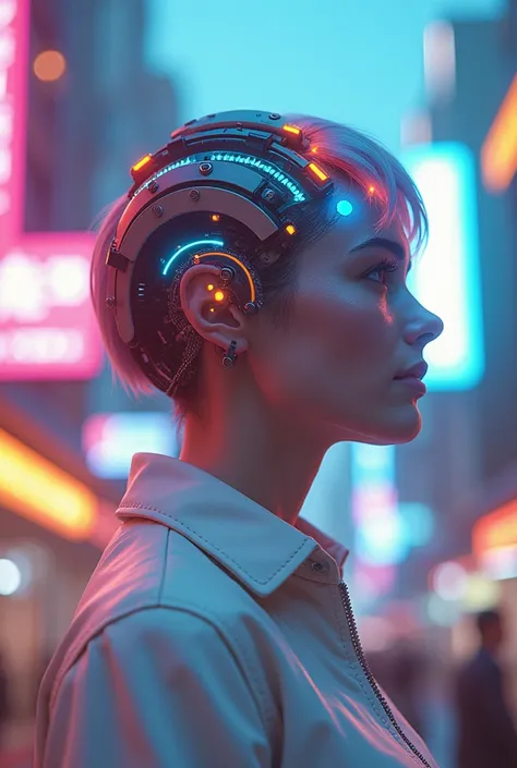 Create a bright and futuristic portrait of a woman with her entire head, including hair, transformed into cybernetic machinery. The head should feature glowing, vibrant mechanical components, exposed circuits, and wires, with neon blue, soft pink, and warm...