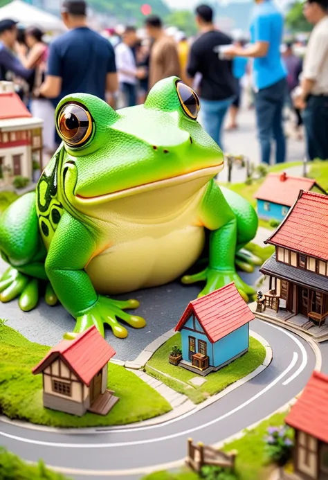 A miniature model of a town for special effects filming、Miniature Photography、A giant frog roams