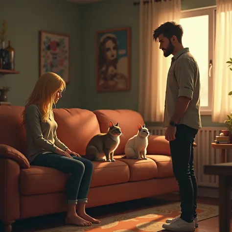 A young man with a thin beard waving goodbye to a blonde woman from the door, sitting on a long sofa with two cats and a rabbit, Hyper realistic image 