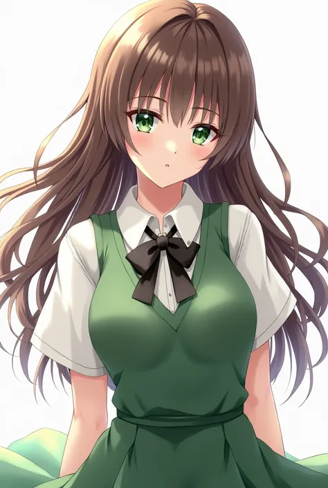 anime woman, brown hair, green eyes, long hair, green sleeveless dress above blouse, white formal blouse underneath dress, short sleeved collared white blouse.