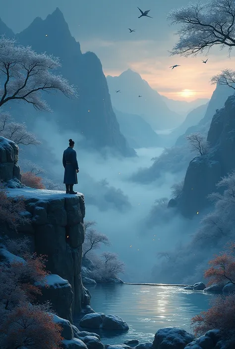 Ancient Chinese landscape, ((hot spring)), (heavy snowfall), (Firefly), (paper kite), (Midnight), (officer), mountaintop sanctuary, ((flower)), beautiful landscape, realistic lighting, masterpiece, high quality, beautiful graphics, High details,