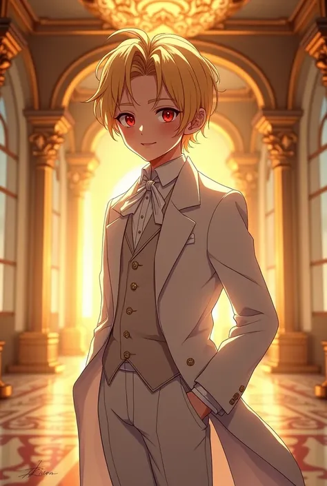 A handsome boy with blond hair and red eyes wearing a white Victorian era suit with a golden anime-style ballroom in the background 