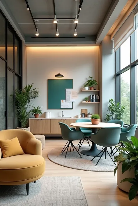 Create an interior design of a 400 sq. ft. office space for architects and interior designers. The layout includes an open work area with four ergonomic desks and modular partitions, a round conference table in a meeting zone, a creative corner with a mood...