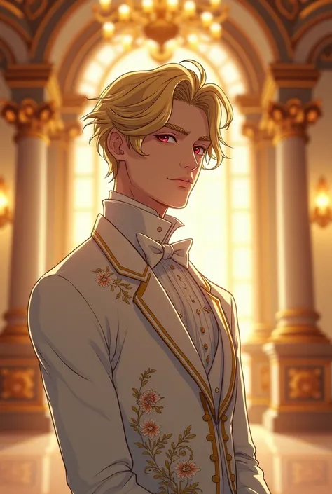 A handsome adult boy with blonde hair and red eyes wearing a white Victorian era suit with a golden anime-style ballroom in the background 