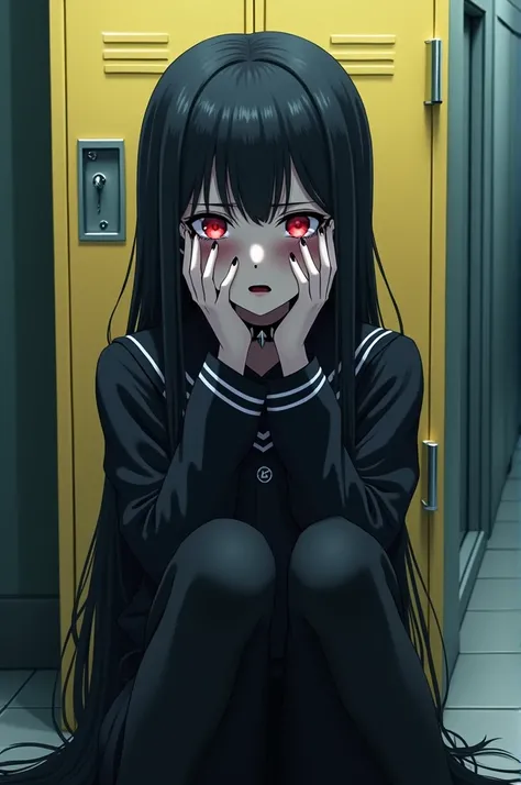 A girl wearing a black schoolgirl uniform with a choker with spikes on the outside, Black Lipstick, using her arms to cover her face while crying blue tears, black straight hair, white skin, long black pants, sitting in front of a yellow locker in a school...