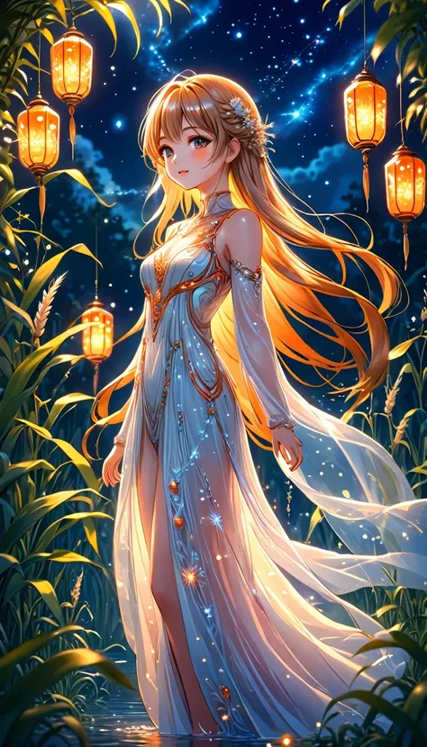 Anime Girl Beauty, ideal anatomy, Bright,  She is wearing a flowing, transparent light WHITE and ORANGE embroidery gown that looks like its made of delicate glass or crystal, adorned with intricate floral patterns and luminous beads and LANTERNS FLYING ON ...