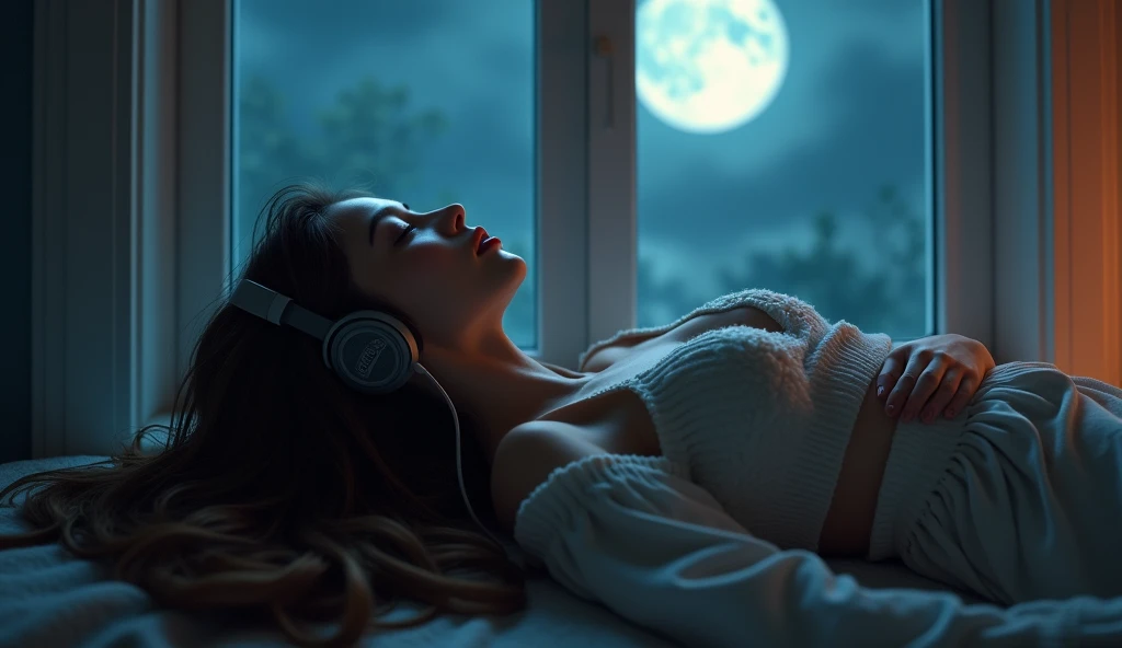 A young woman with long hair lying on her side on a windowsill, wearing headphones and listening to music, moonlight shining through the window, peaceful and serene expression, (best quality,4k,8k,highres,masterpiece:1.2),ultra-detailed,(realistic,photorea...