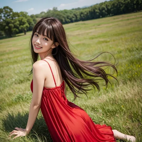 Red chiffon dress，laughing out loud，knee shot, The background is grassland，1 female, light brown hair, blunt bangs, hair behind ears, Shoulder length hair, long hair, Slender body type, 超face slimming型, face slimming, delicate lips, Beautiful eyes, Thin bl...