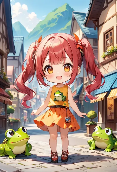 (A miniature model of a town for special effects filming、Miniature Photography、A giant frog roams)、((One Girl))、((Chibi Girl:1.5))、Best Quality、High resolution、Detailed Background、Beautiful face in every detail、Anatomically correct、Detailed facial expressi...