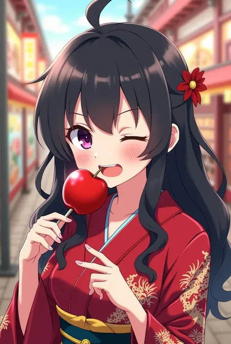 In a Japanese festival、Licking a candy apple with the left hand and shooting with the right hand、girl、1、Baby Face、Naughty、One eye closed、Long black hair with slight curls、A red kimono with a dragon pattern、Anime Style、High image quality