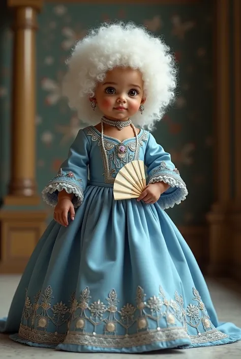 an adorable  royal baby girl,face of the Brazilian actress from Globo, wearing the clothes she wore in the soap opera Chica da Silva,  the afro baby wearing a wig of the time curly half afro white patented of the time, wearing the same dress she wore in th...