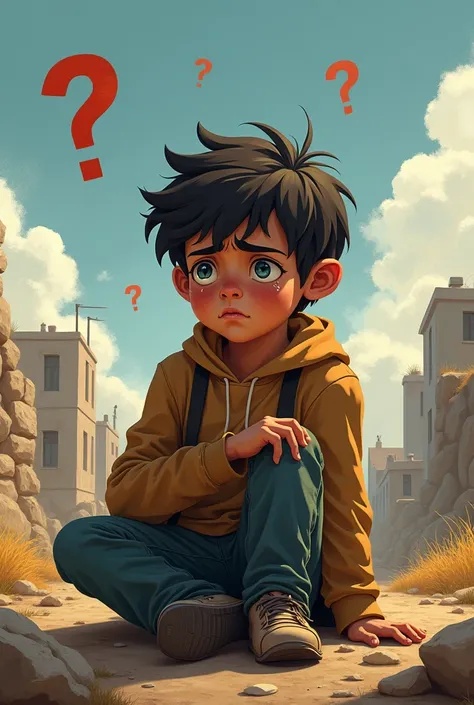 A boy crying,a question mark upon him,with palestain background