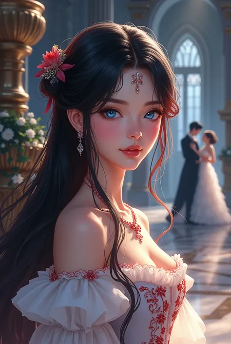 A beautiful girl with black hair and red highlights with blue eyes and a beautiful white Victorian era dress with red details in the background of a ballroom with people dancing at night in anime style 