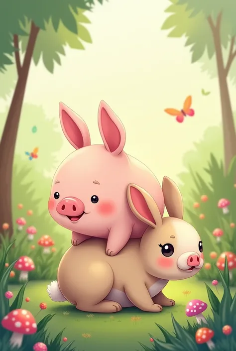 Cartoon image of cute piggy climbing on rabbit 