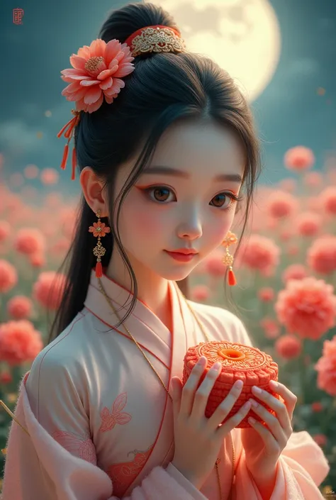 Microphotography,Felt style,1 girl wearing Hanfu,Flowers,Jewelry,moon cake,moon,Behind it is a sea of flowers,Side close-up,