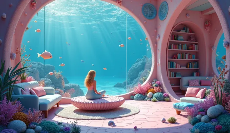 Imagine a magical and colorful underwater world, full of pink pastel tones. A mermaid palace with sparkling shell walls in soft pink and sky blue. Rooms decorated with vibrant corals and sea plants. A spacious living room with a lilac-coloured seaweed sofa...