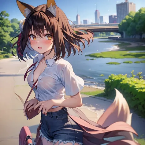 1 girl,beautiful girl,City background,8k,blush,Fox Ears,Animal ears,Hair covering ears,Perfect black hair,Short Hair,Amber Eyes,Upper body naked,White shirt,naked dress shirt,The shirt is open in the front,All the buttons on the shirt are undone,Cleavage,E...