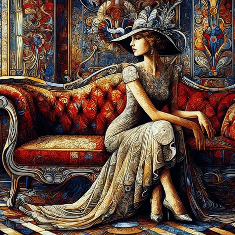 painting of a woman sitting on a couch in a room, elegant lady, elegant woman, elegant girl, elegant digital painting, elegant oil painting, beautiful retro art, intricate oil painting artwork, elegant art nouveau style, art noveau painting, stunning art s...