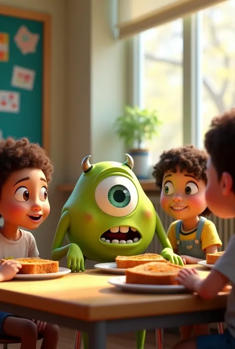 Mike Wazowski eating bread with a group of students 