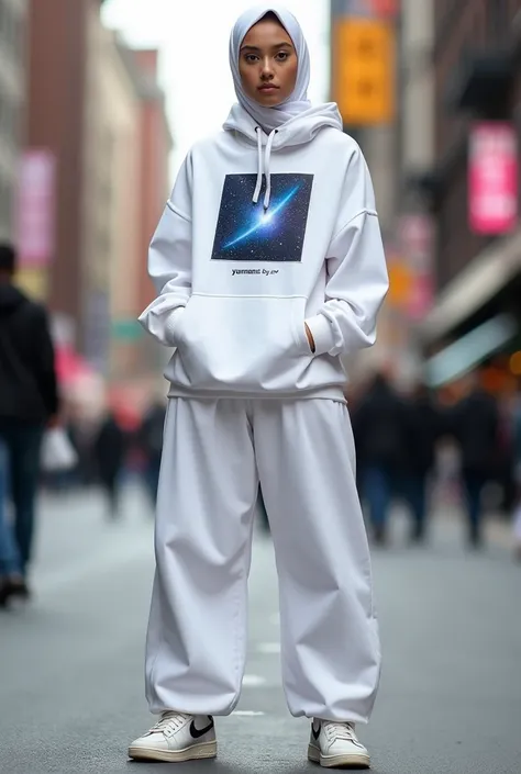 draw me a hoodie and of course a pair of hoodies. the hoodie and pants should be longer and wider and white in color. Do not have cuffs on the bottom of the pants. In the middle of the hood, draw a picture of a galaxy and a shooting star in a square. and u...