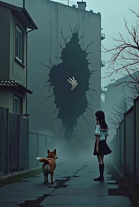 A small Japanese residential area shrouded in morning mist、Large, Part of a wall at a defective construction site has blurred black cracks, From the crack, a black hand reaches out towards the dog..、A high school girl wearing a sailor uniform standing near...