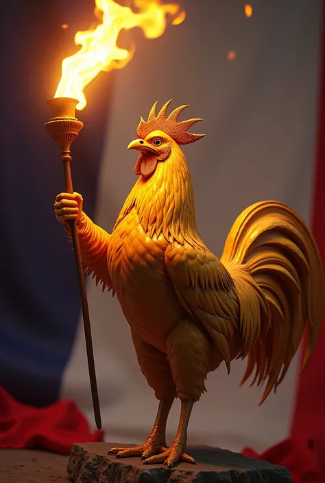 Generates an image of a golden rooster with a torch and the French flag in the background 