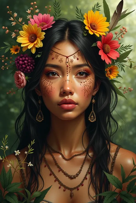 Portrait of indigenous woman with nature decoration