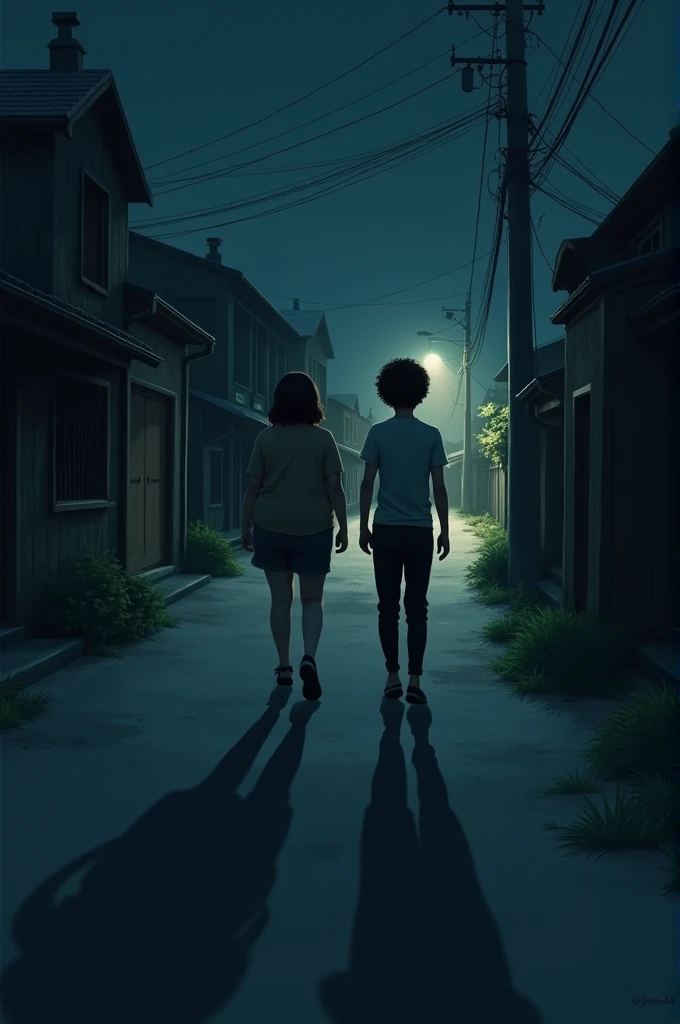 Prompt:
"A nighttime street in a small town with two animated characters, one slightly overweight and the other thin, walking under dim streetlights. The overweight character looks distracted, thinking about food, while the thin character is alert. The atm...