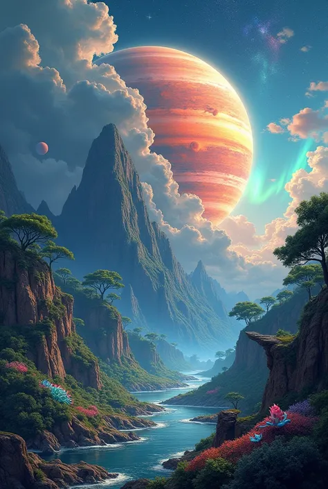 I want a profile background image in size 2.560 x 1.440, a planet with several different details, mixing animals and places 