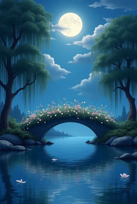 Moon with lake , tree and air flows ,  beautiful bridge decorating with flower and nature in night  create a real pic 