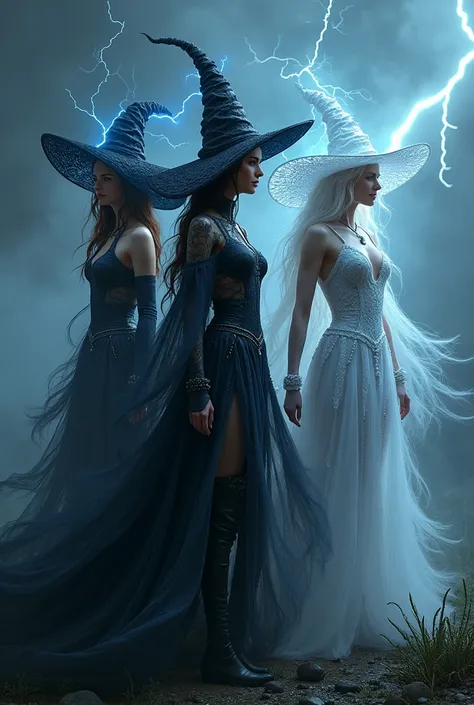 Thunder, lightning, and rain reimagined as a trio of sexy witches, each with a unique style and appearance. Thunder is a brunette wearing an outfit made of black smoke. Lightning is a blonde wearing an outfit made of pure electricity. Rain has white hair a...