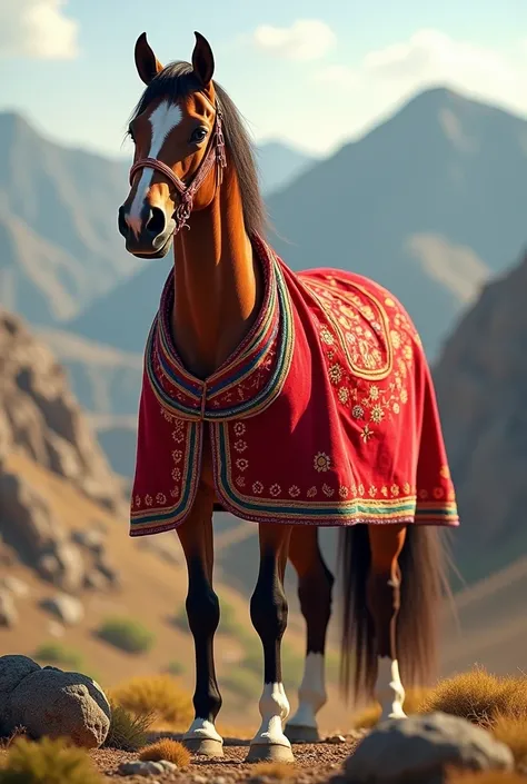 A bay horse with a red poncho, ribbon. Related to the customs of the province of Chumbivilcas.